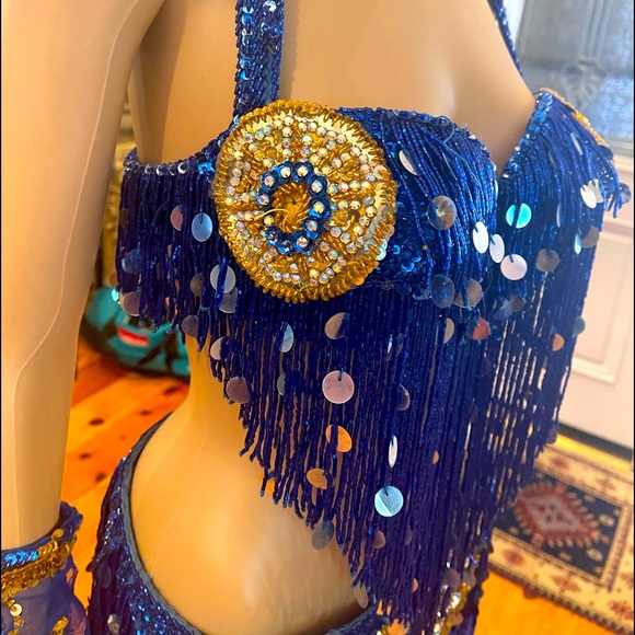 Designer Madame Abla Professional Egyptian bellydance costume Dark Blue & gold - Picture 7 of 16